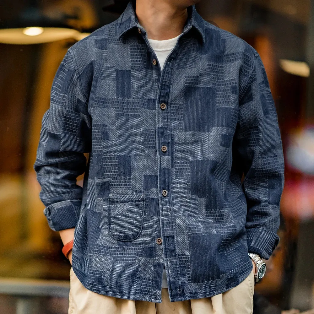 Maden Boro Style Vintage Blue Clow Shirts For Men Plaid Patchwork