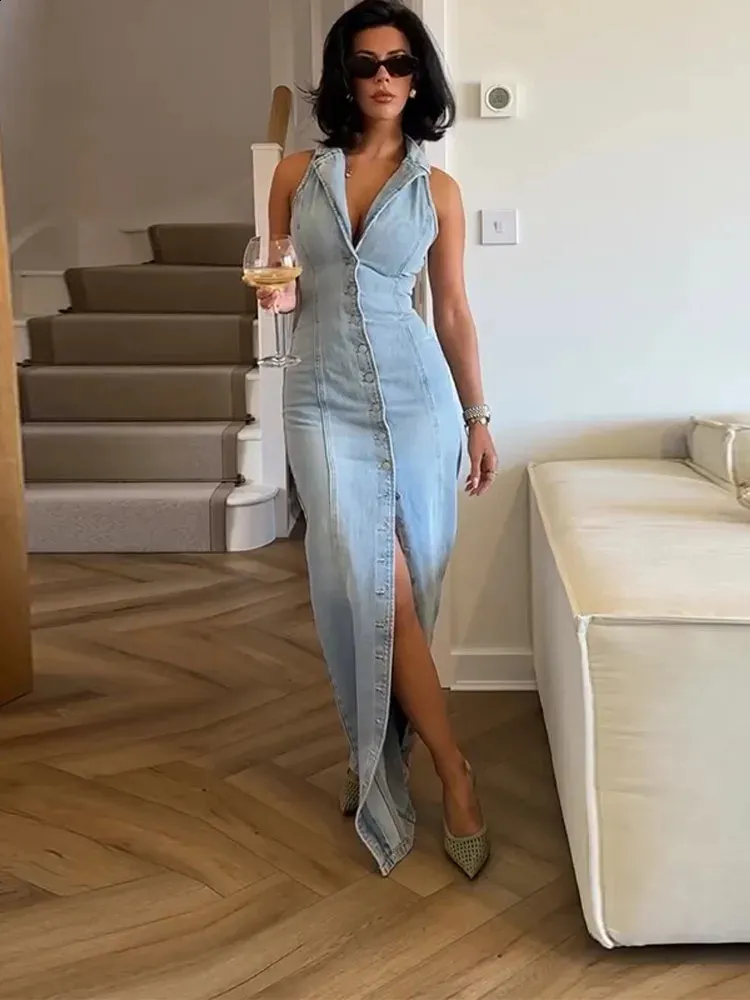 denim chiffon maxi dress Summer Womens Sleeveless Lapel Floor-Length Blue Slim Fit from Dhgate Basic & Casual Dresses Shirt dress Size:4/36 white flowy maxi dress 20 Cute Spring Dresses Sweetheart Neckline