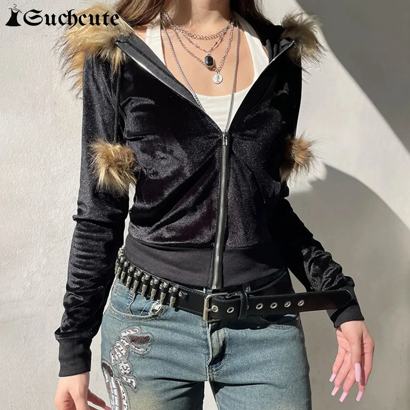 Suchcute Y2k Sahte Kürk Zip Up Kapüşon Tüylü Top Yi TL1,177.03