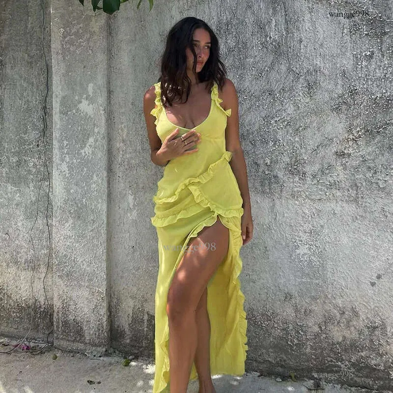 Sleeveless Maxi Party Dresses Elegant Draped Ruffle Long Dress