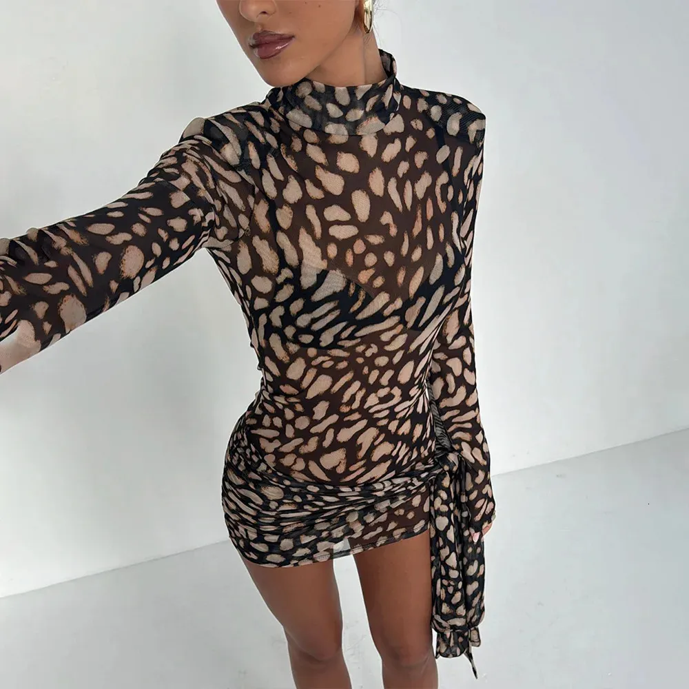 sheer leopard dress mini Pariaura 2026 New Arrival Women Leopard Print Sheer Mesh Mini Dress -  V-Neck Cap Sleeves Smocked Waist Casual Wrap Office Date Night Vacation  Style Brown
