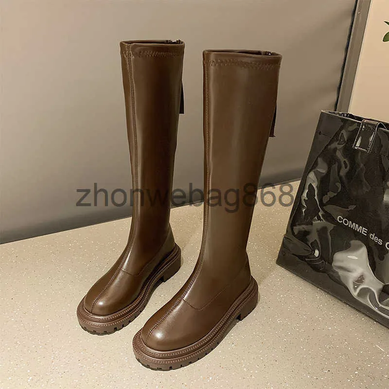 J250822 Womens Beige Brown Leather Knee High Platform Cowboy 