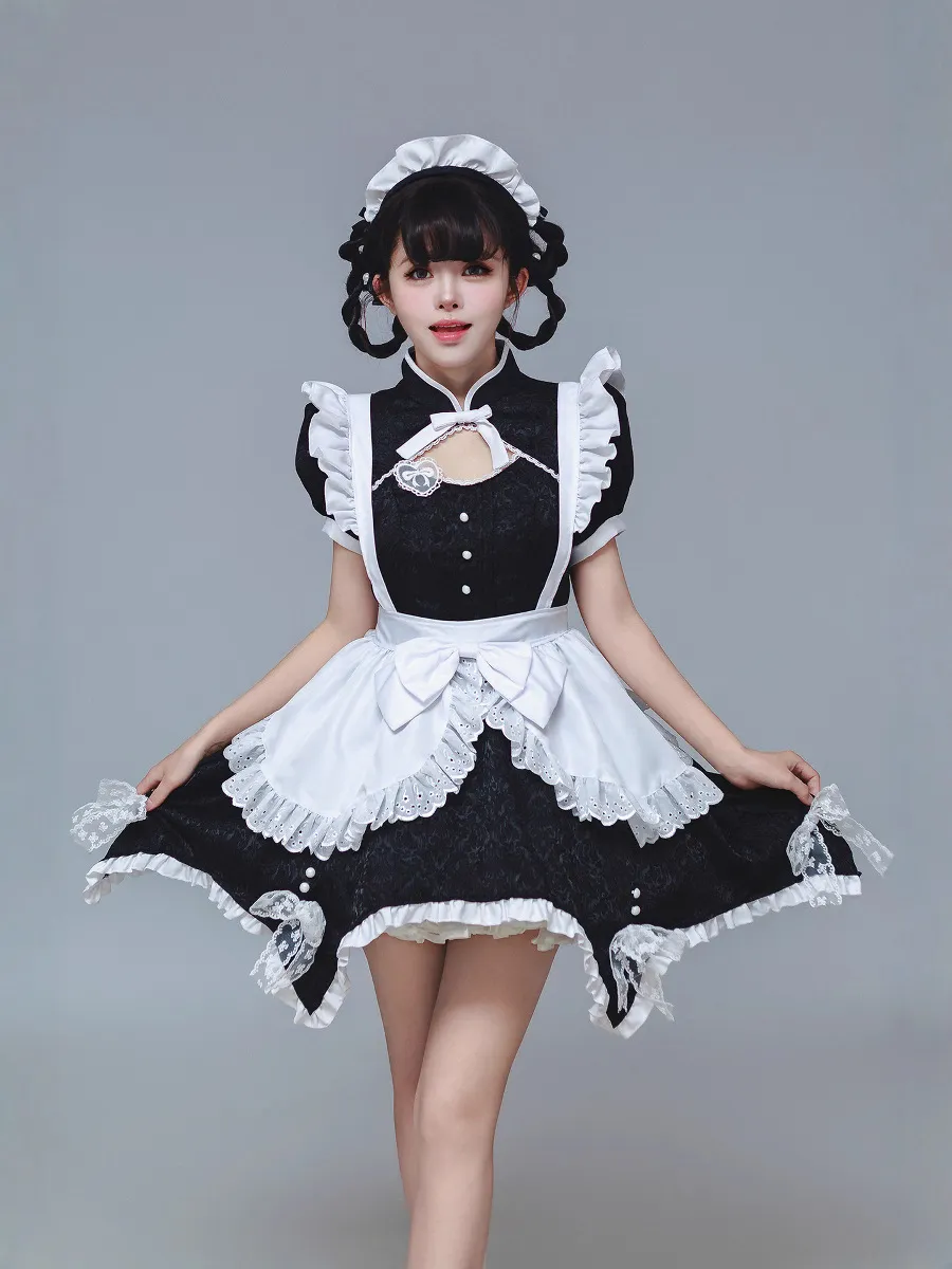Black White Jacquard Chinese Maid Dress Lolita Cheongsam Style Cosplay Costume Elegant Oriental Qipao Dress for Women Black White Jacquard Chinese Maid Dress Lolita Cheongsam Style Cosplay Costume Elegant Oriental Qipao Dress for Women
