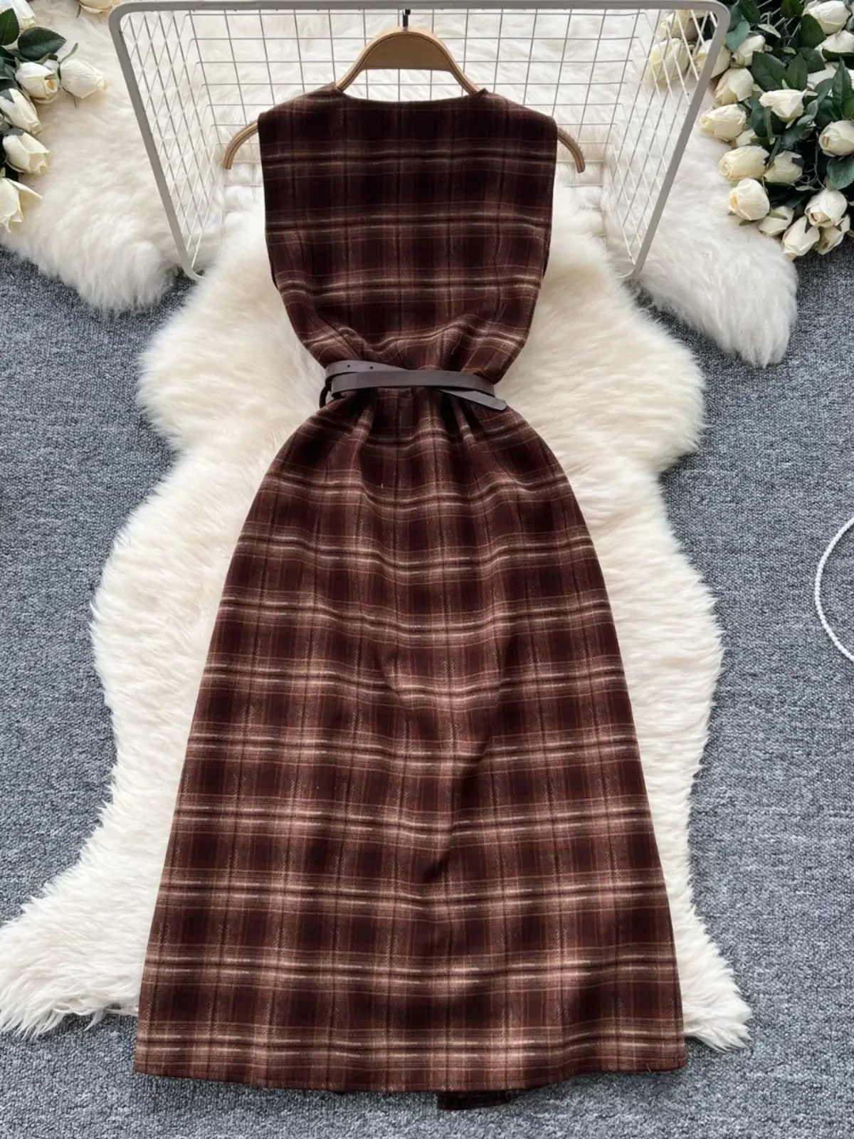 Franse Retro Wollen Jurk Dames Riem Vneck Single Breasted Slvidess