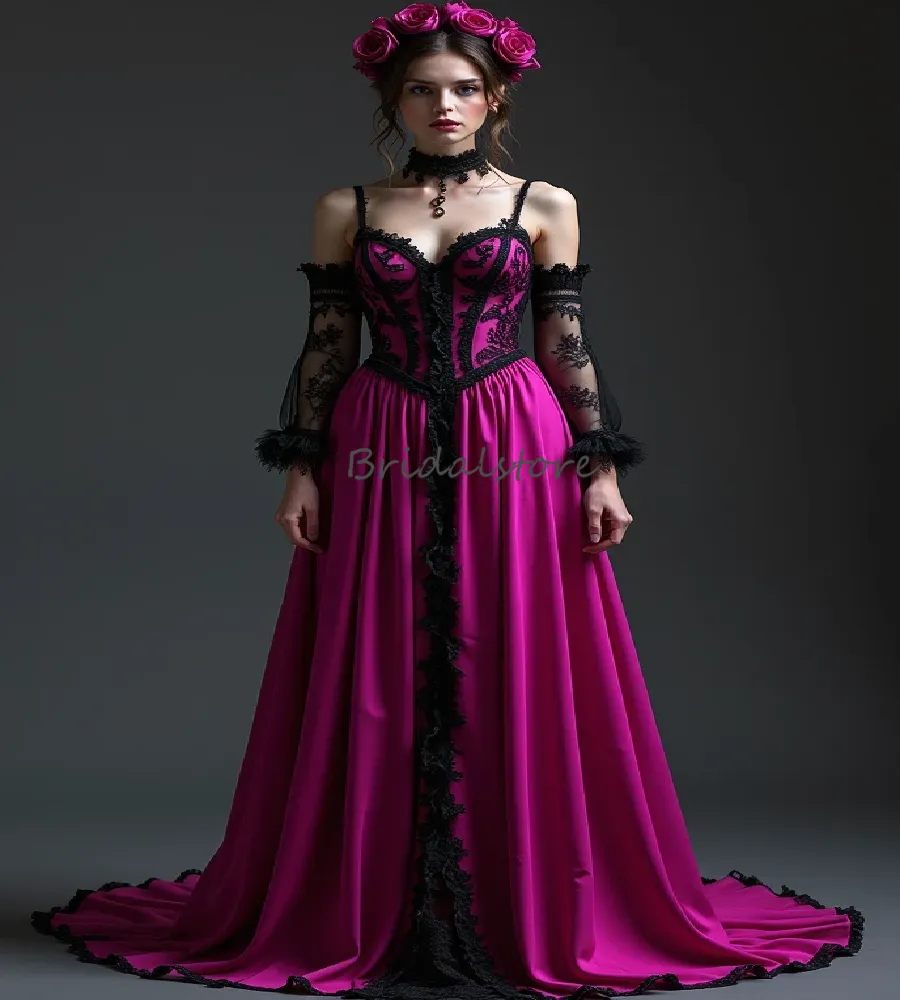 Vampire Gothic Hot Pink Prom Dress With Black Lace Fairy Witchy