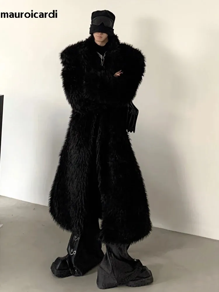 Mauroicardi Mens Oversized Faux Fox Fur Coat Thick From Qida02