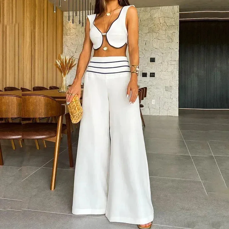Color Contrast Low-Cut Sexy Short Vest and Wide Leg Loose Pants Set ...