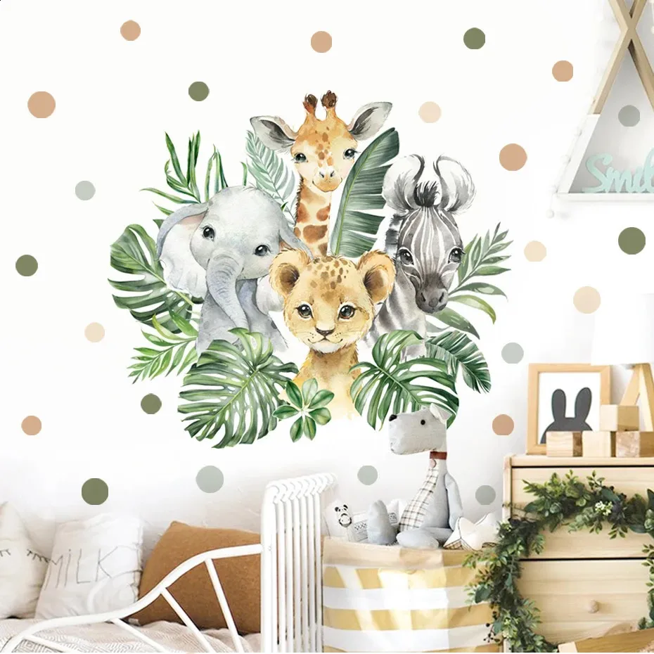 Cartoon Jungle Animals Vinyl Wall Stickers For Kids Room Watercolor ...