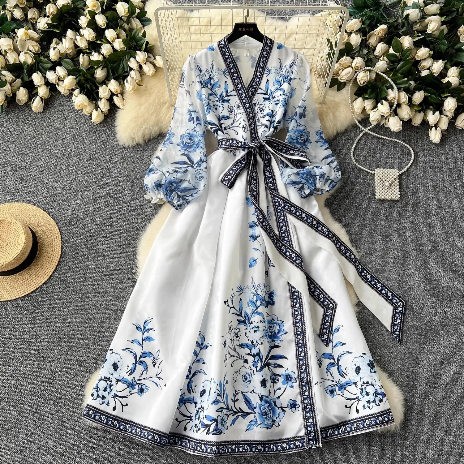 French Flower Holiday Long Dress Women V-Neck Short Sleeve Lace Up Vintage  Floor-Length Chiffon from Dhgate Basic & Casual Dresses - price 74.31
