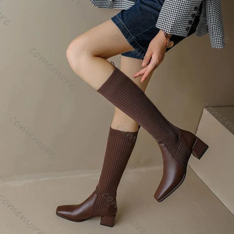 Comemore Retro Strickstiefel mit elastischem Knie, hohem Absatz, Damen-Sockenstiefel, lange Stiefel zum Hineinschlüpfen, Herbststiefel, Einzelstiefel 250821_voghion.com