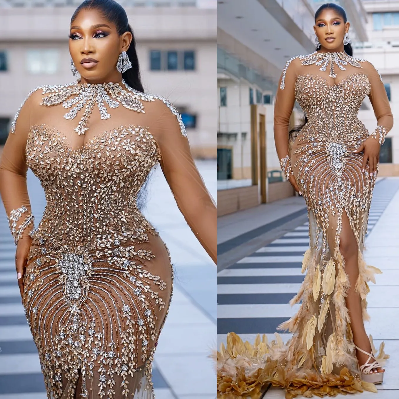 Sparkling Champagne Mermaid von maur prom dresses with Illusion Crystals and Feather Embellishments - Perfect for Evening Formal Parties, Second