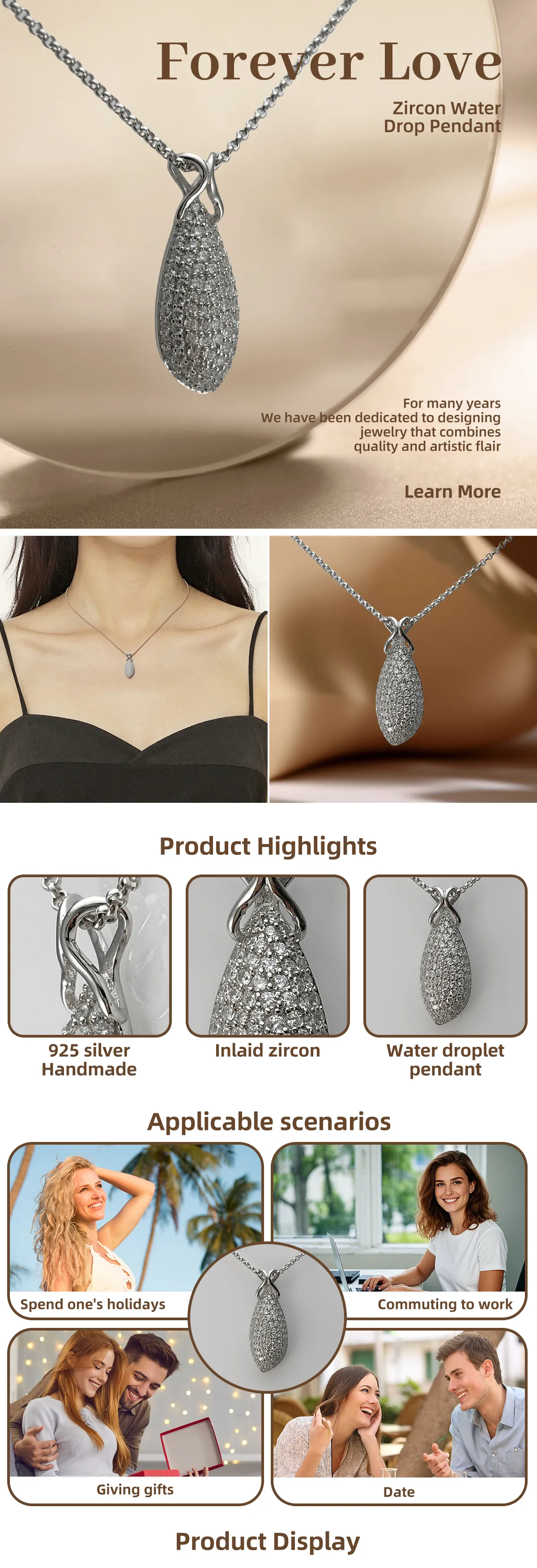 Pendant Necklace 925 Sterling Silver with Shiny Zircon Pendant 19 Inch ...