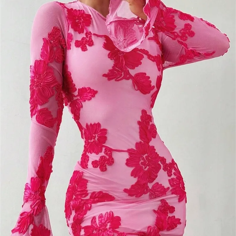 Rose Pink Floral Mesh Backless Pink Party Dress - Elegant Party & Birthday Gown for Women with Long Sleeves & Embroidery by Beyprern (250703)