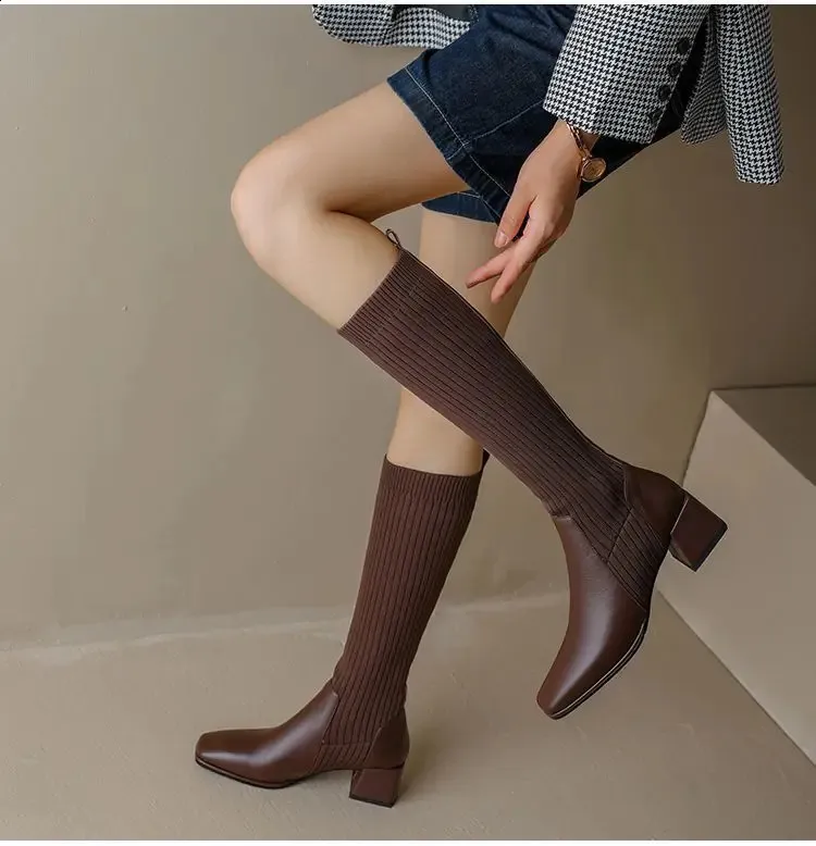 Damen Retro Strick Stiefel Mit Absatz Und Elastik Für Herbst_voghion.com