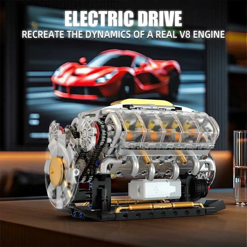 Engine Drive Set MOC Technik Electrically Driven V8 Engine Model Car Building Blocks Set ...