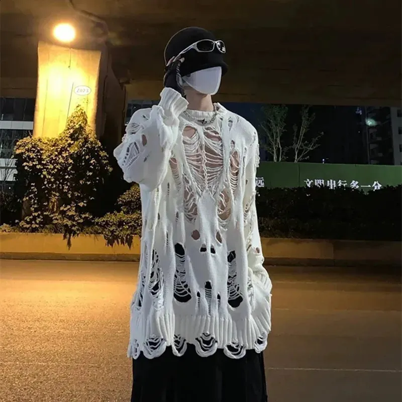 White Ripped Sweater 2025 Spring Summer Hollow Out Ripped Hole Punk Pullover Sweater Loose ...
