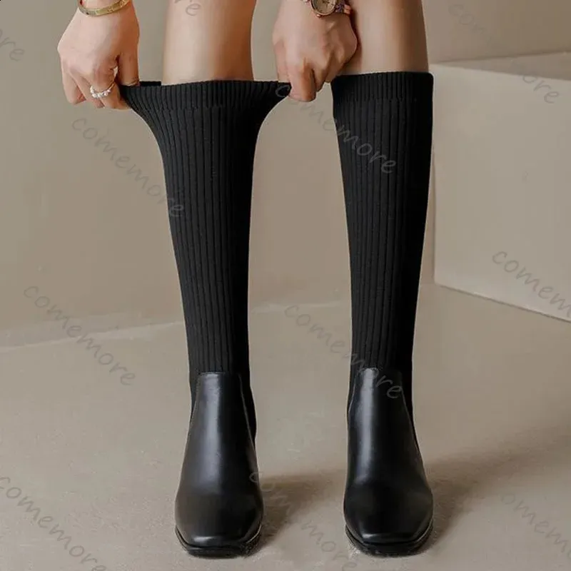 Comemore Retro Strickstiefel mit elastischem Knie, hohem Absatz, Damen-Sockenstiefel, lange Stiefel zum Hineinschlüpfen, Herbststiefel, Einzelstiefel 250821_voghion.com
