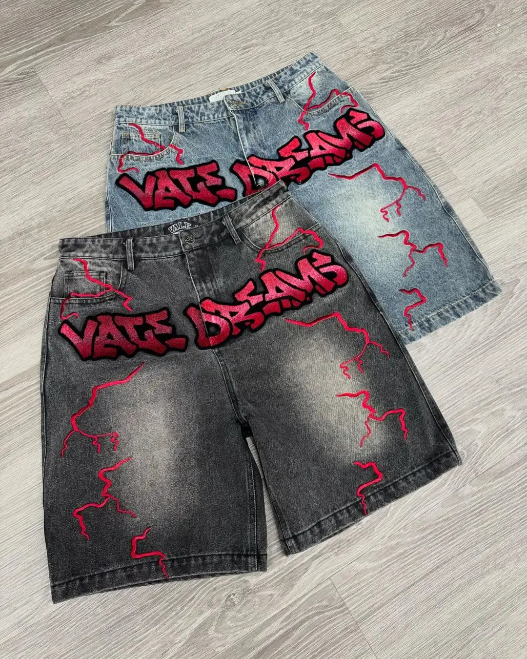 Hip Hop Retro Y2k Black and Blue Graffiti Denim Shorts Baggy