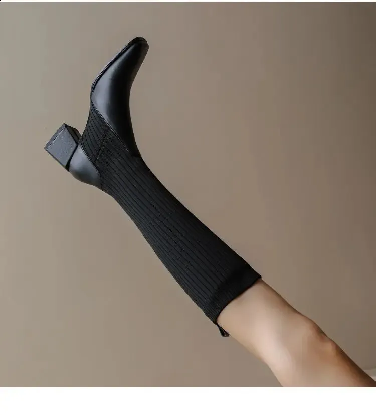 Damen Retro Strick Stiefel Mit Absatz Und Elastik Für Herbst_voghion.com