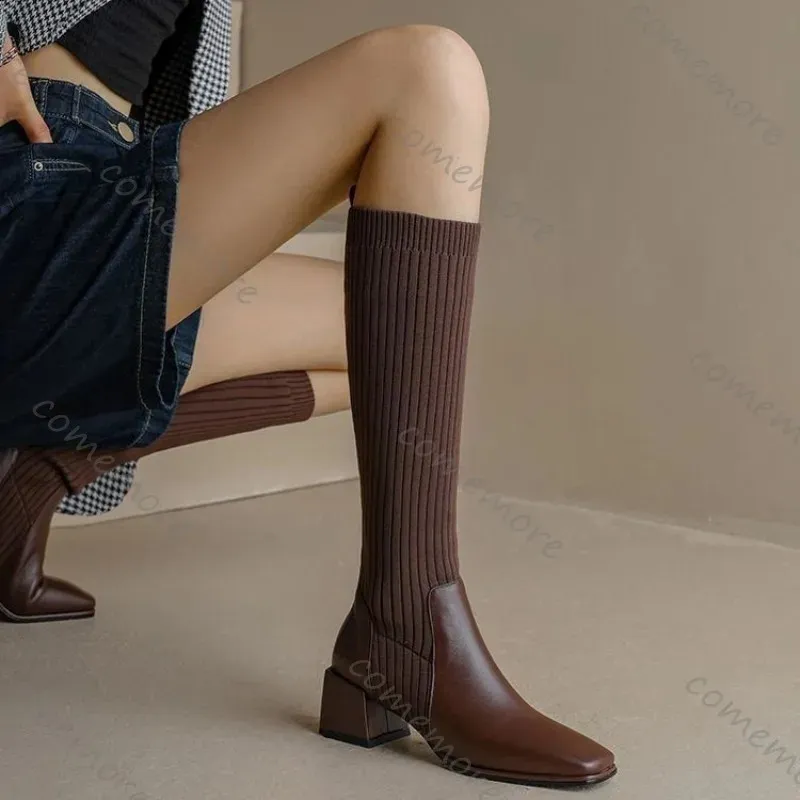 Comemore Retro Strickstiefel mit elastischem Knie, hohem Absatz, Damen-Sockenstiefel, lange Stiefel zum Hineinschlüpfen, Herbststiefel, Einzelstiefel 250821_voghion.com