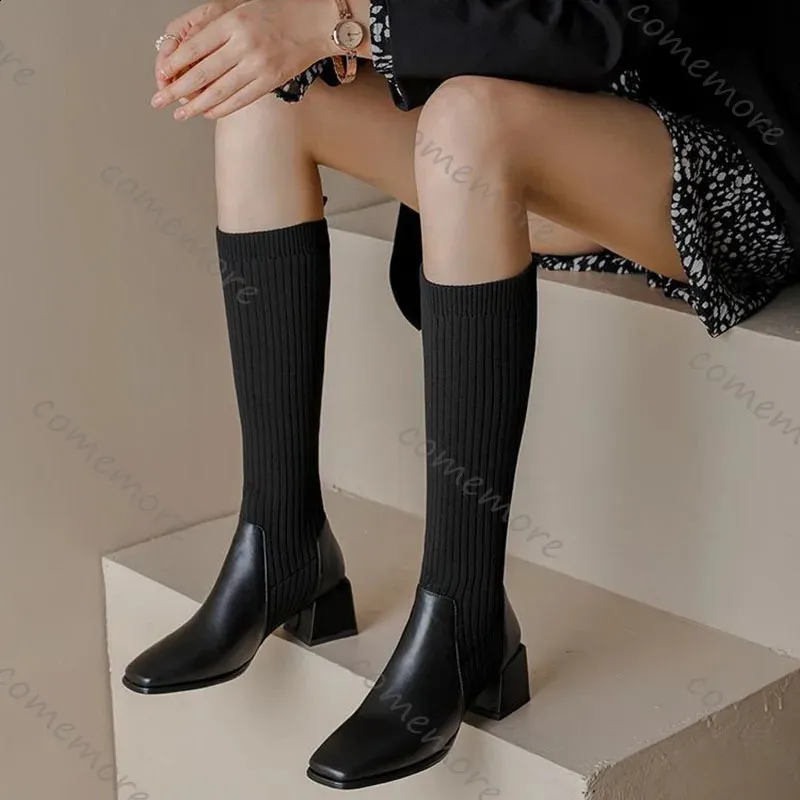 Comemore Retro Strickstiefel mit elastischem Knie, hohem Absatz, Damen-Sockenstiefel, lange Stiefel zum Hineinschlüpfen, Herbststiefel, Einzelstiefel 250821_voghion.com