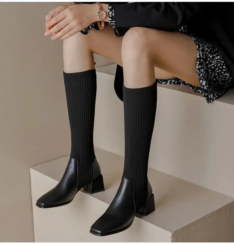 Damen Retro Strick Stiefel Mit Absatz Und Elastik Für Herbst_voghion.com