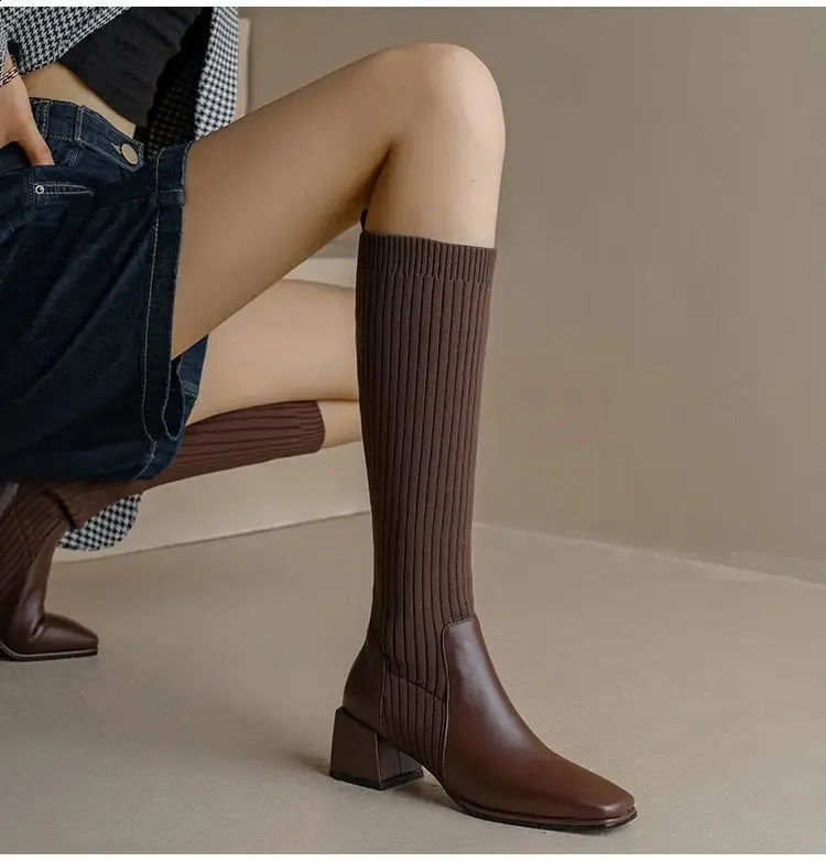 Damen Retro Strick Stiefel Mit Absatz Und Elastik Für Herbst_voghion.com
