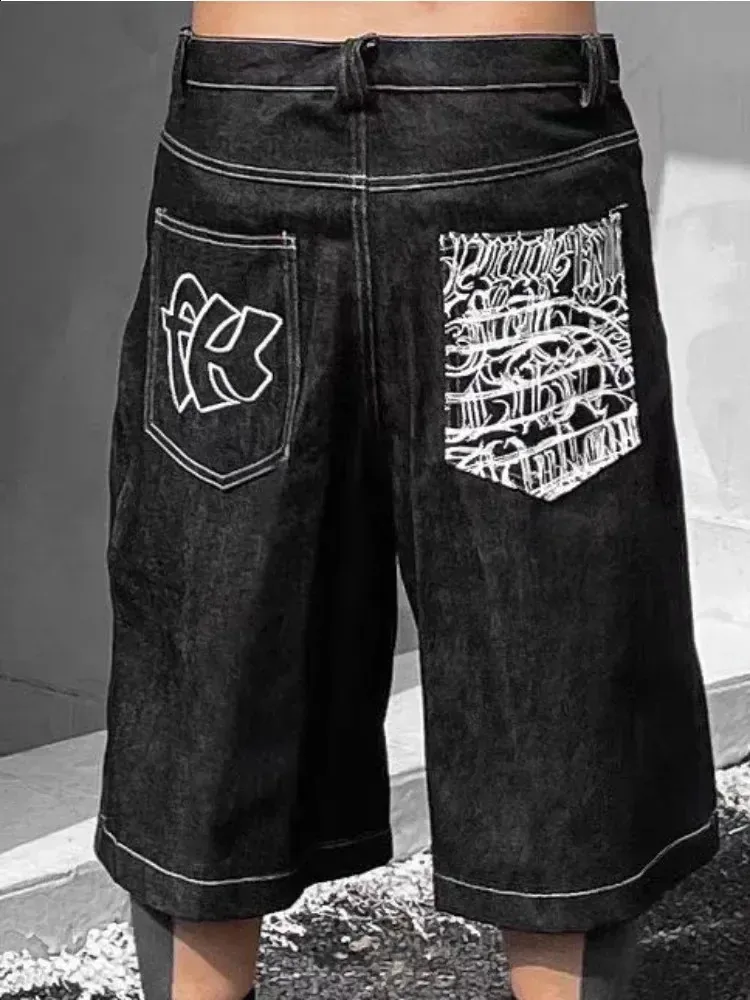 メンズブラックデニムショーツサマーエドファッションY2Kワイドパンツ