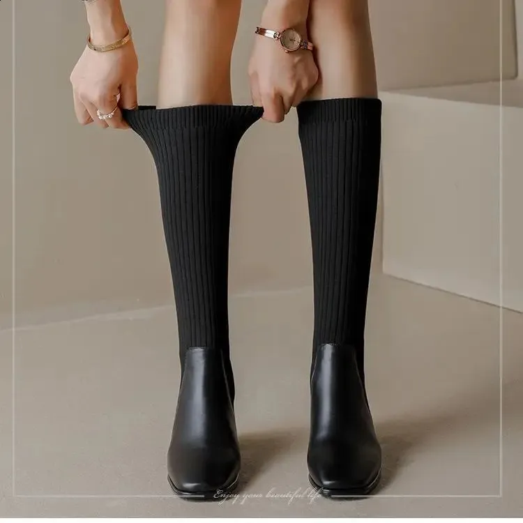 Damen Retro Strick Stiefel Mit Absatz Und Elastik Für Herbst_voghion.com
