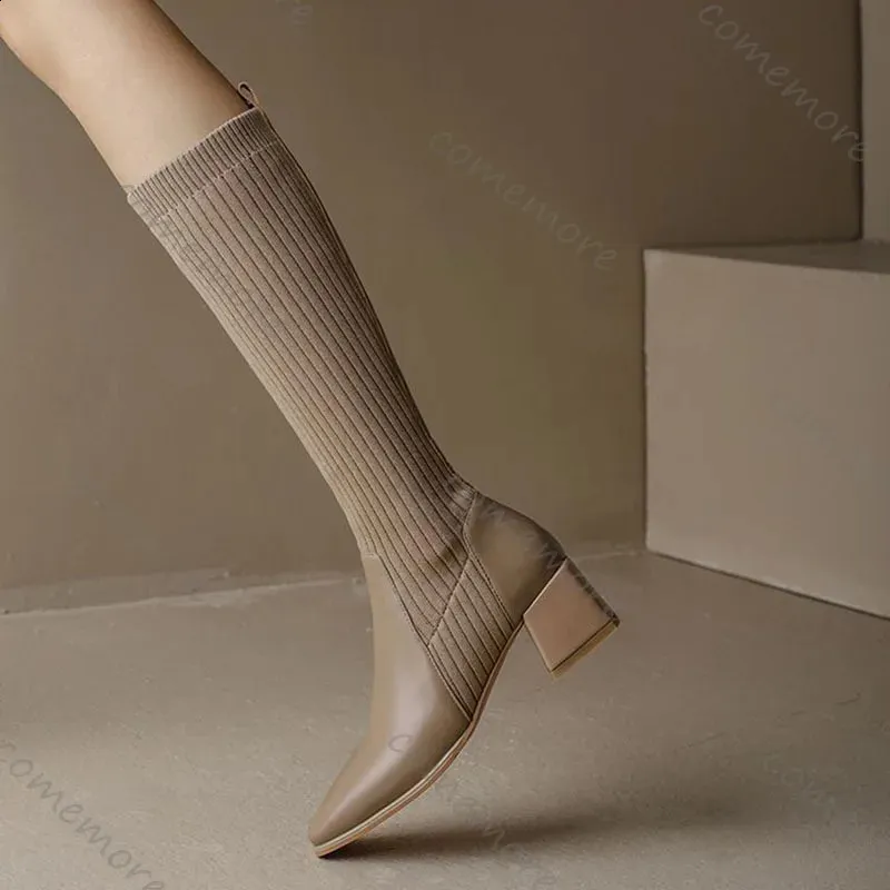 Comemore Retro Strickstiefel mit elastischem Knie, hohem Absatz, Damen-Sockenstiefel, lange Stiefel zum Hineinschlüpfen, Herbststiefel, Einzelstiefel 250821_voghion.com