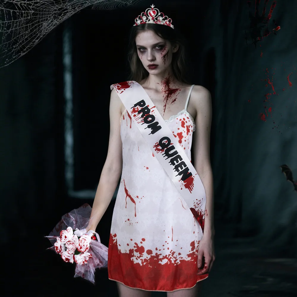 Halloween White V-Neck Camisole Gothic Dress - Perfect for Ghost Festival Stage Wear and Props
