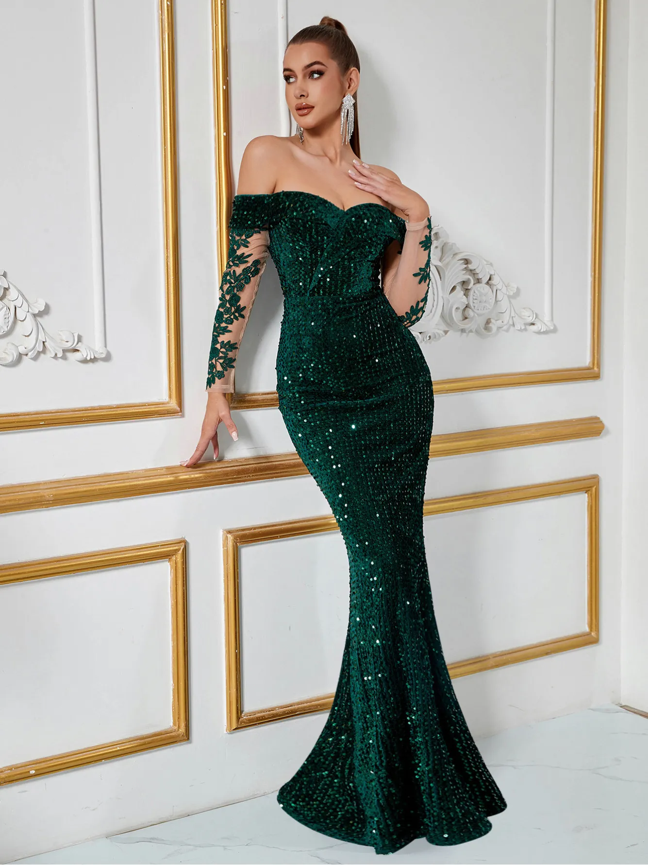 Donna Oro Paillettes Sirena Lungo Ballo Abito V Collo Abito Da