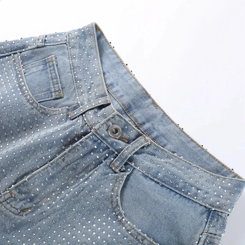 Casual Wijde Pijpen Jeans Met Strass Steentjes For Dames, Hoge Taille Jeans Met Strass Steentjes For Dames, Wijde Pailletten Jeans Met Zakken, Modieuze Lange Broeken(Gray,XL