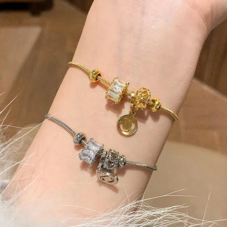 Gold Toned Snake Chain Bracelet, Crown & Square CZ Charms With Double Symbol Pendant, Playful Glam For Daily Or Fashion_voghion.com