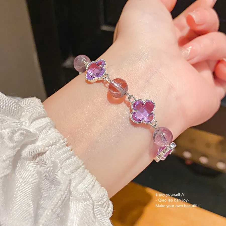 Silver Toned Clover & Rose Quartz Bead Bracelet, Delicate Open Flower Links, Gentle - Romantic Vibe For Daily Or_voghion.com