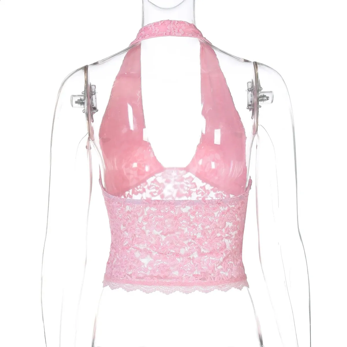 Floral Print Halter Crop Tank Top Backless See-Through Mesh Spring ...