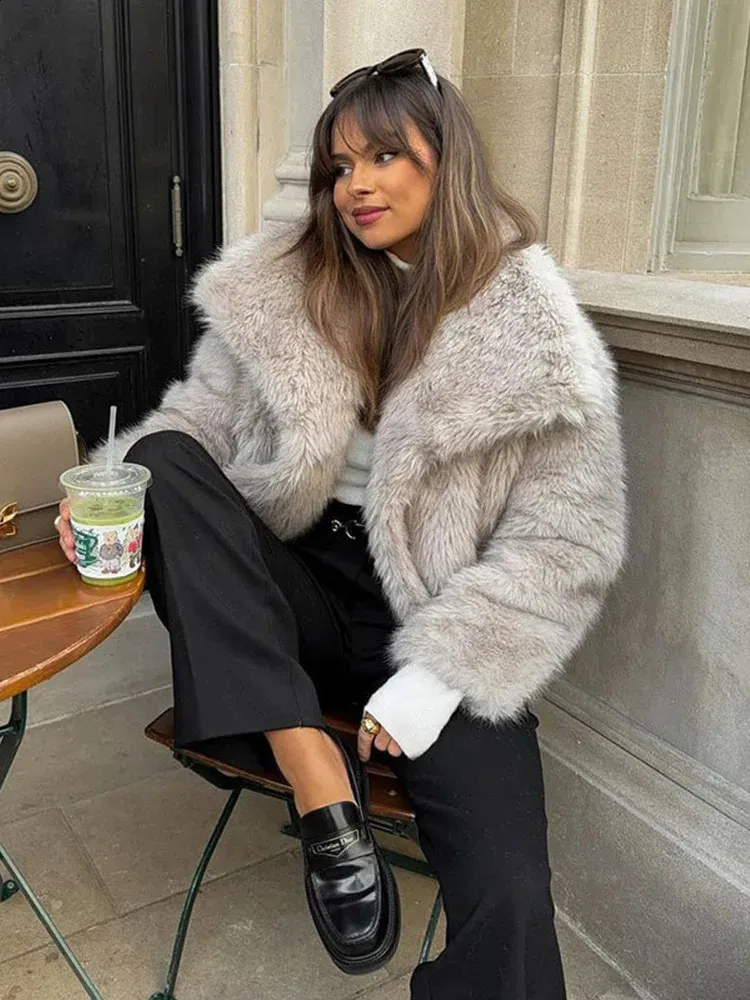 ZADORIN Oversized Turn Down Collar Fluffy Faux Fur Coat Women