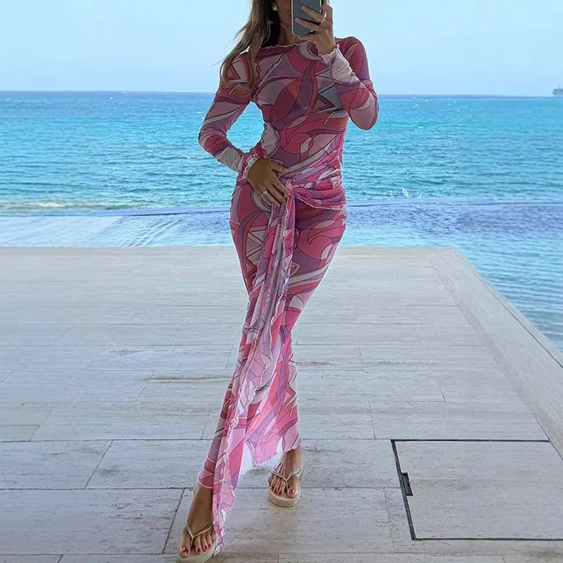 cute tight maxi dresses Long Sleeve Knit Cami Maxi Dress Women Skin Tight Elegant Club Party F