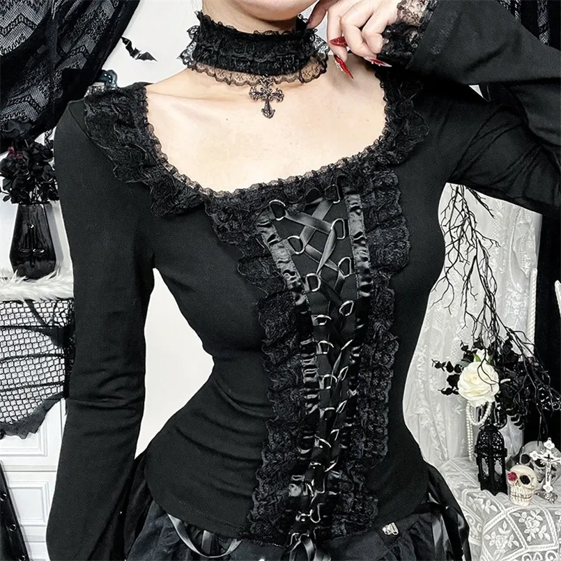 ゴスブラックレーストリム長袖Tシャツヴィンテージセクシーなレース
