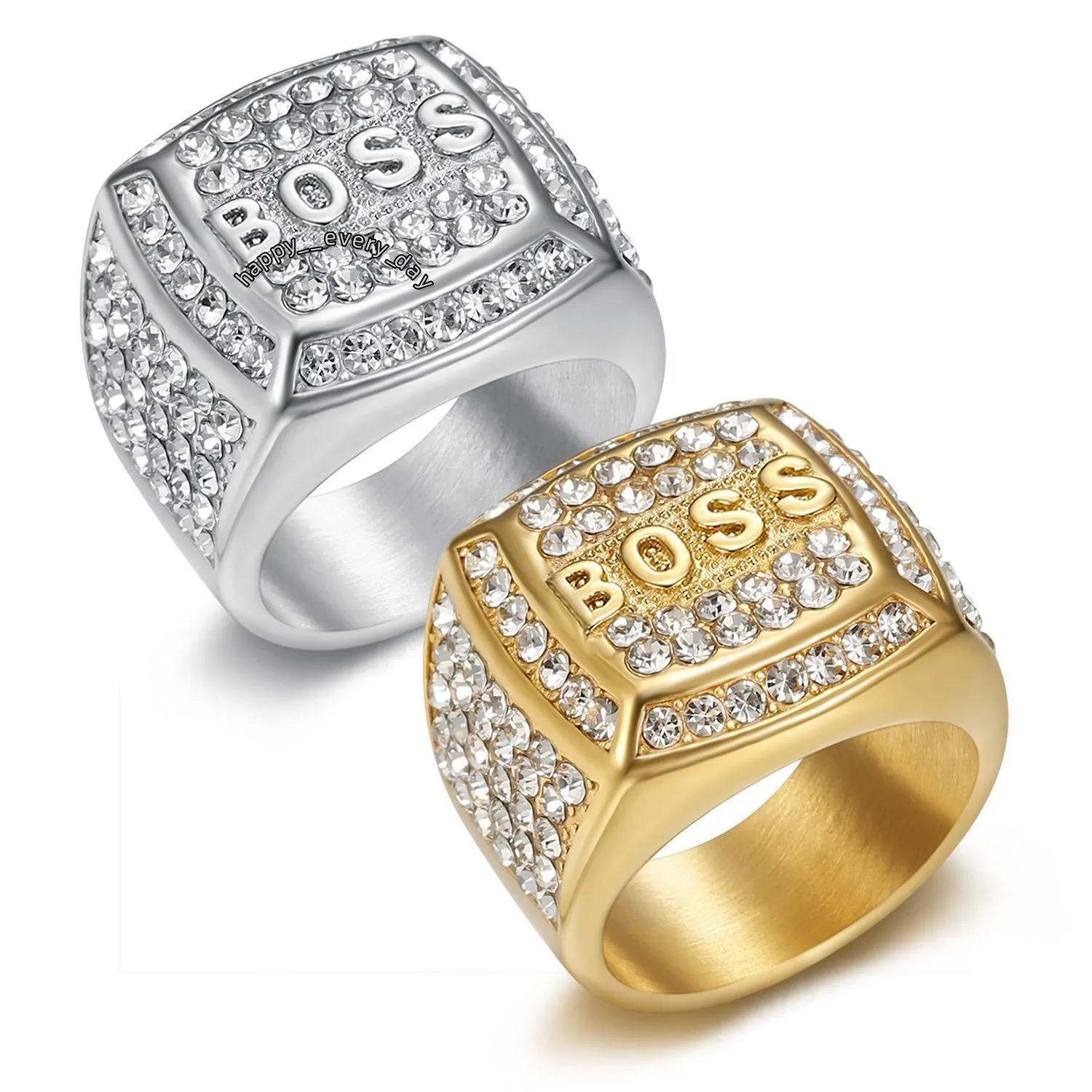 Rap Battle Rings 18K Gold Plated Zircon Letter BOSS Men's Self Defence Ring Hip Hop Rap ...