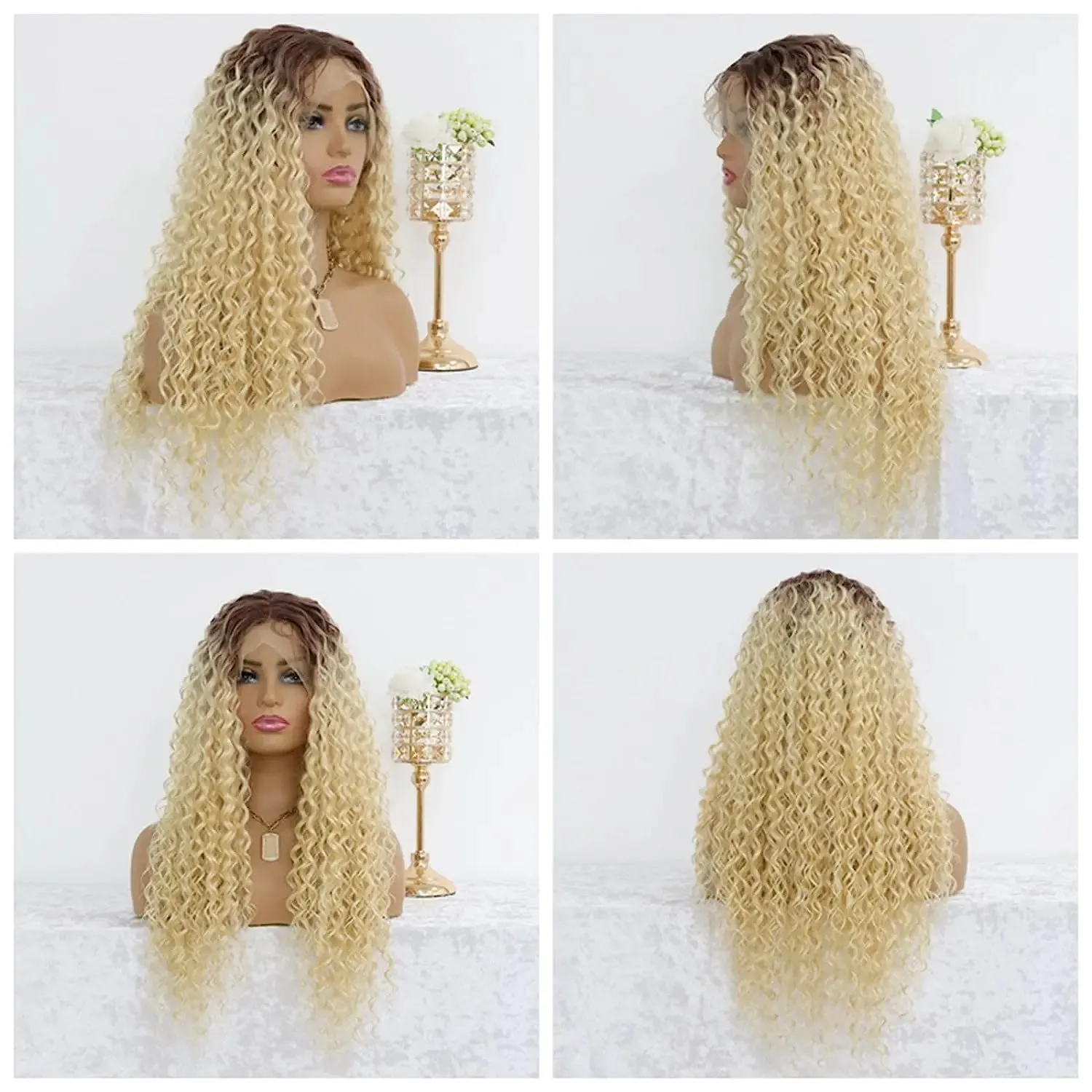Realistic Long blonde Wig curly 613 Freepart 613 Platinum Blonde Curly Lace Front Wig, Human Hair Blend  main image 3