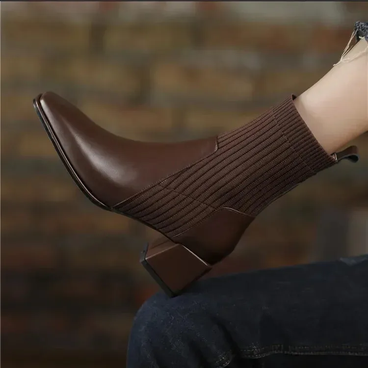 Plus Size Strickshorts Herbst Winter Knöchel Damenmode Slip On High Heels Socken Stiefel Botas Mujer 251020_voghion.com