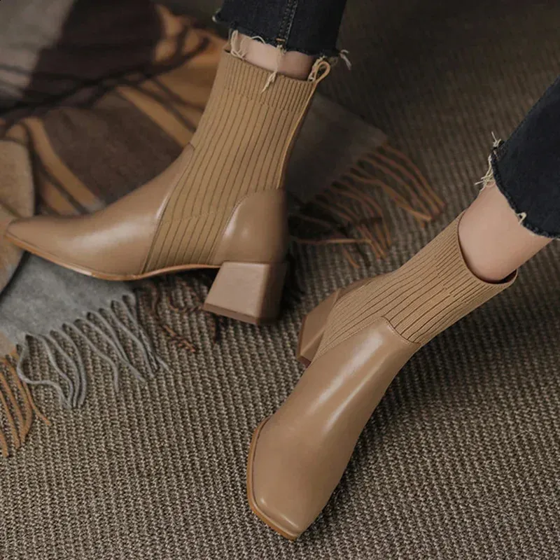 Plus Size Strickshorts Herbst Winter Knöchel Damenmode Slip On High Heels Socken Stiefel Botas Mujer 251020_voghion.com