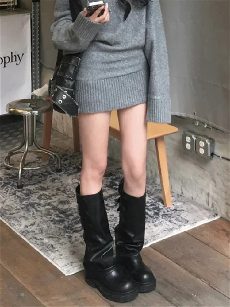 Womens Thi Bot Long Tube Knight High Top Booties Versatile Slimming Faion Boots Korean Sle 250821_voghion.com