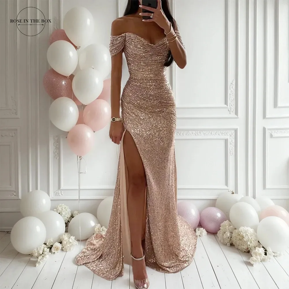 Women Mermaid Champagne Evening Maxi Dress Off-Shoulder Sequin Split Formal  Prom Gown from Dhgate Urban Sexy Dresses - price 157.29