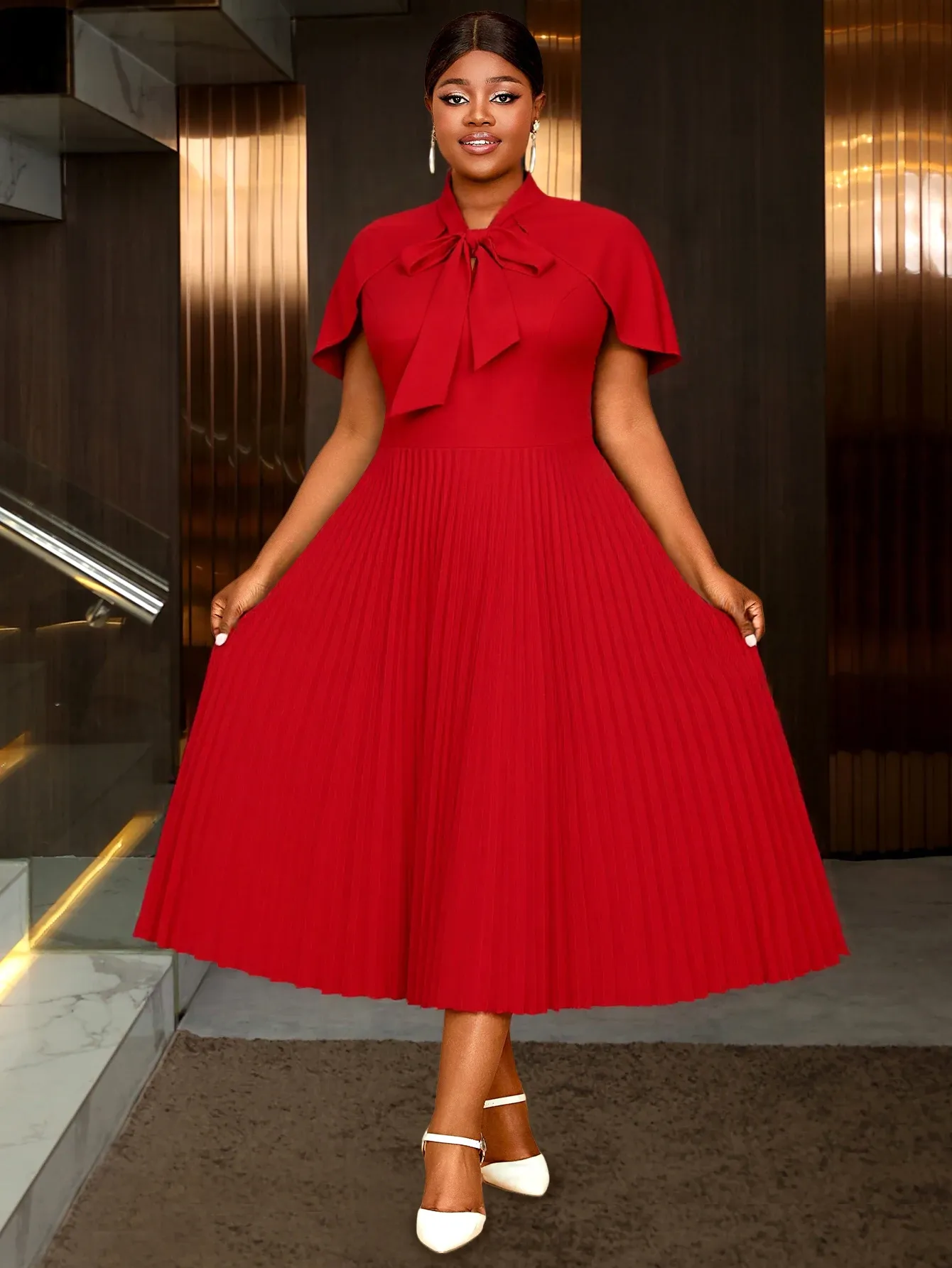 red plus size church dress Elegant Red Church Daily Bow A Line Midi Pleated Dresses for Women Cape  Sleeves Half High Collar Plus Size AM050730