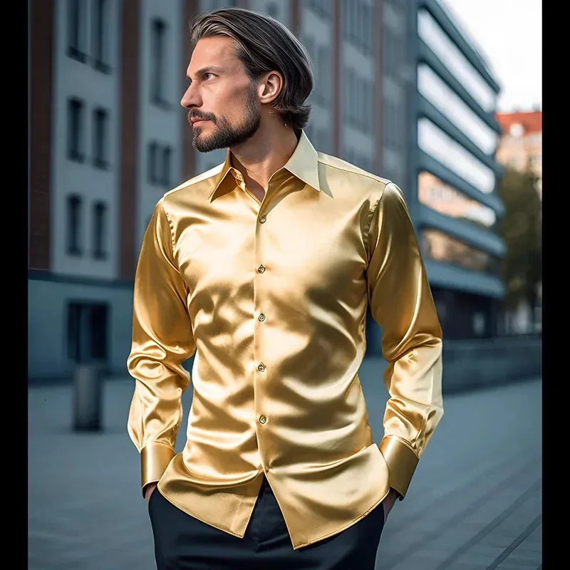Satin Men's mens gold dress shirt - Long Sleeve Casual Social Male Clothes (S40)