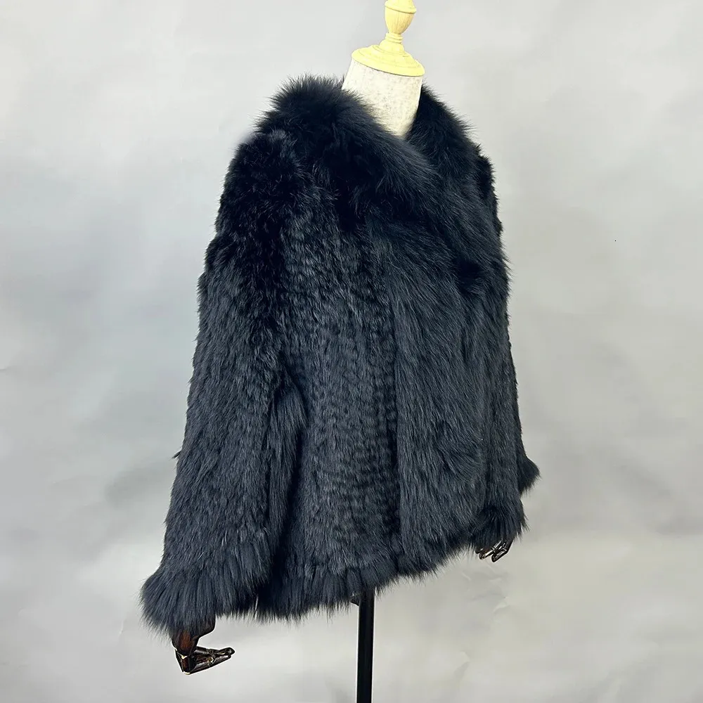Drawstring Rabbit Fur Coat Real Genuine Natural Knitted Rabbit Fur Shawl Coat With Fox Fur Collar ...