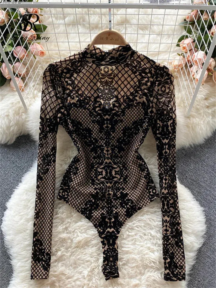 Save Big on Bulk Sexy Bodysuits Sexy Body Suits, Velvet Slim Fit Romper,  Long Sleeve Mesh Bodysuit, Vintage Style One Piece For Summer Streetwear 