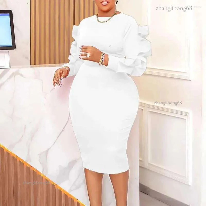 Women's Elegant Bodycon Dress with Full balloon sleeve jumper, Hips, and Mid-Calf Length - Perfect for Formal Business and Casual Wear